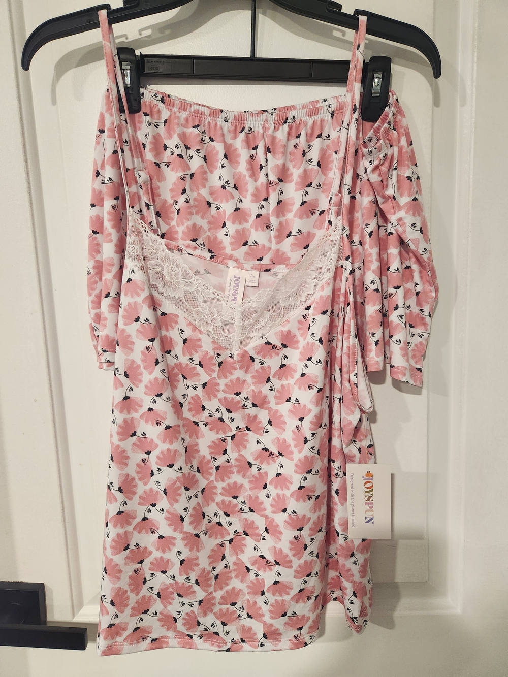 Floral Lace-Trim Pink Sleep Chemise with Adjustable Straps